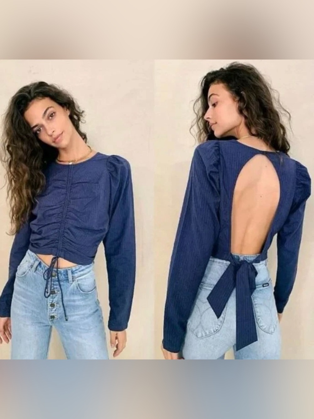 New Free People Tie Back Poplin Top Striped Printed  Ruched Sz Large 12/14